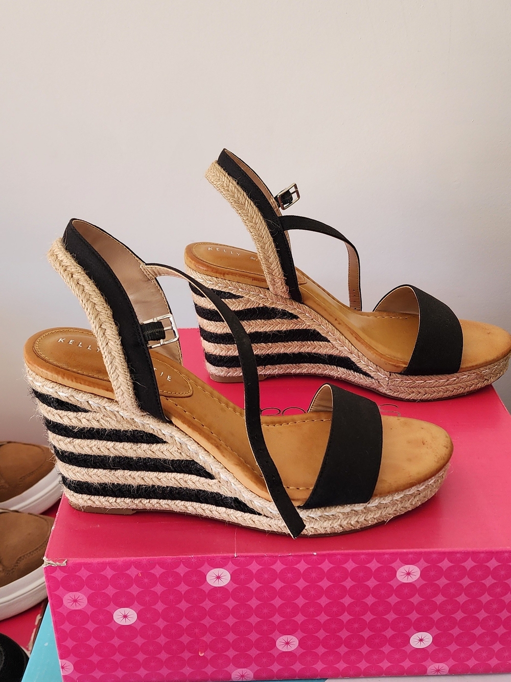 Black Striped Espadrille Wedge Sandals - Size 10